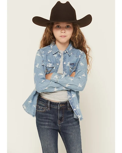 Wrangler Girls' Conversation Print Long Sleeve Snap Denim Western Shirt