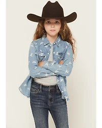 Wrangler Girls' Conversation Print Long Sleeve Snap Denim Western Shirt