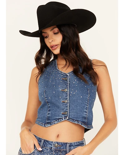 Rock & Roll Denim Women's Medium Wash Rhinestone Studded Vest