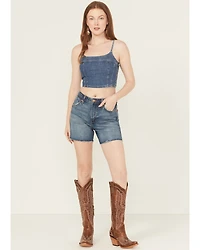 Wrangler Women's Medium Wash High Rise Mid-Length Stretch Denim Cowboy Shorts