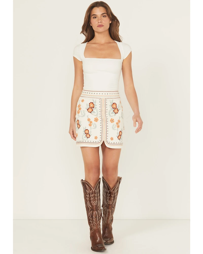 Rock & Roll Denim Women's Floral Print Studded Mini Skirt