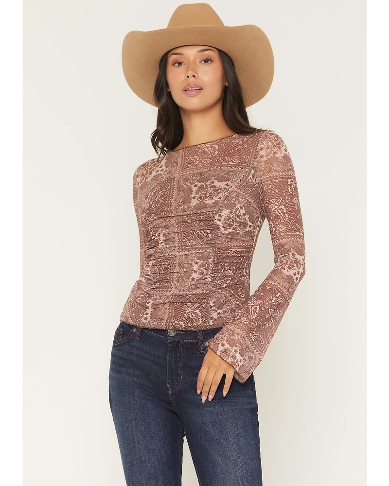 Ash & Violet Women's Floral Print Long Sleeve Mesh Shirt