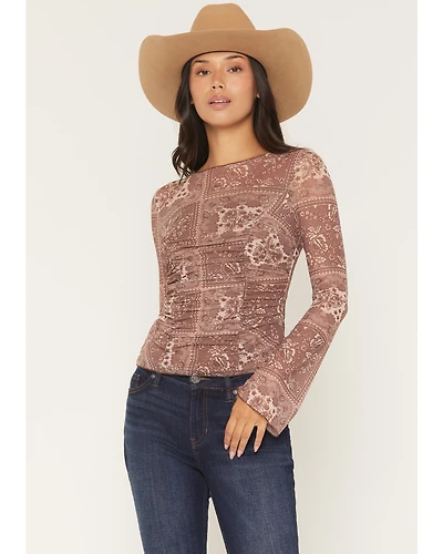 Ash & Violet Women's Floral Print Long Sleeve Mesh Shirt