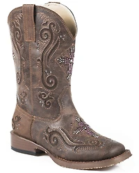 Roper Kid's Brown Faux Leather Cross Faith Western Boots