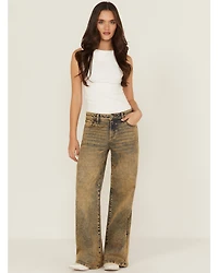 Miss Me Women's Vintage Mid Rise Baggy 32" Wide Leg Stretch Denim Jeans