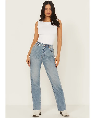 Rolla's X AC/DC Women's Medium Wash Mid Rise Studded 90s Relaxed Straight Denim Jeans