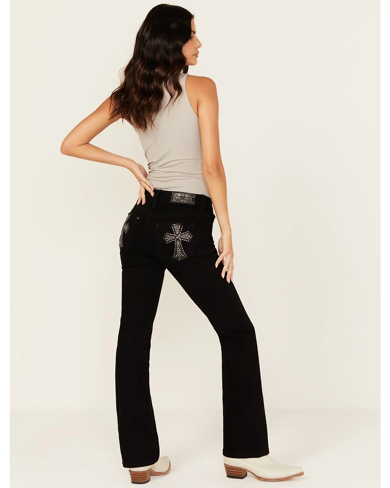 Miss Me Women's Mid Rise Cross Pocket 32" Bootcut Stretch Denim Jeans