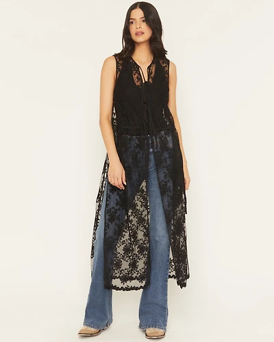 Listicle Women's Sleeveless Floral Lace Tie Front Kimono