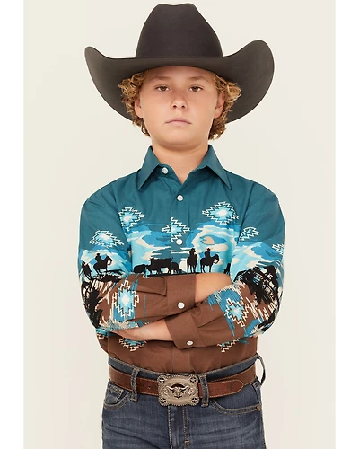 Panhandle Boys' Cowboy Border Print Long Sleeve Snap Western Shirt