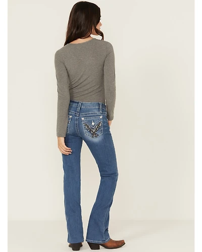 Shyanne Mid Rise Medium Wash Bootcut Paisley Faux Flap Stretch Denim Jeans