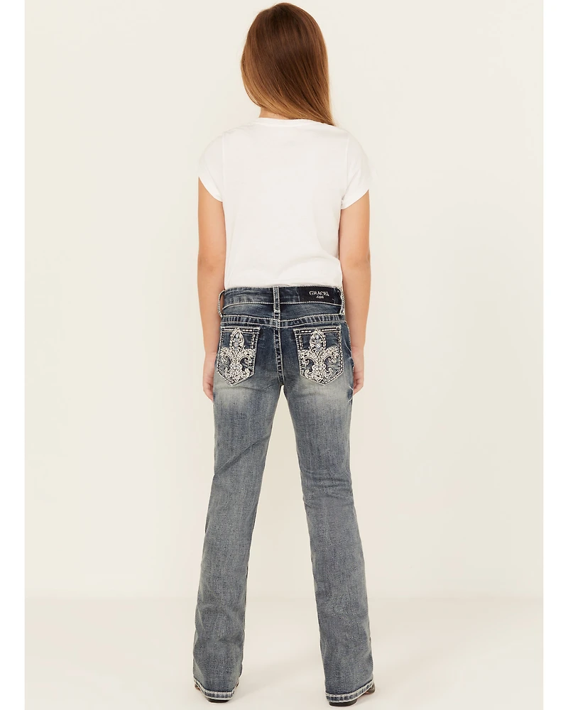 Grace LA Girls' Dark Wash Fleur De Lis Bootcut Stretch Denim Jeans