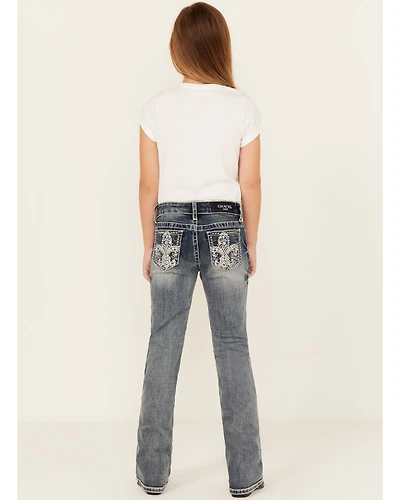 Grace LA Girls' Dark Wash Fleur De Lis Bootcut Stretch Denim Jeans