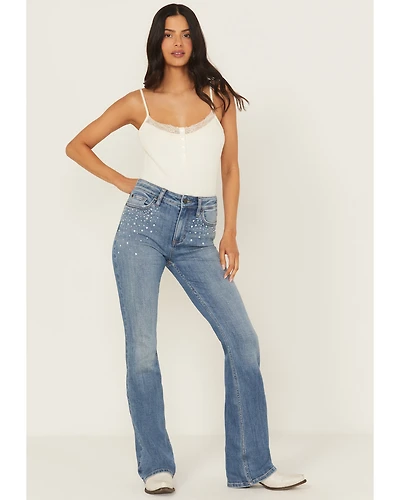 Idyllwind Women's Legend Medium Wash High Rise Rhinestone Studded Bootcut Super Stretch Denim Jeans