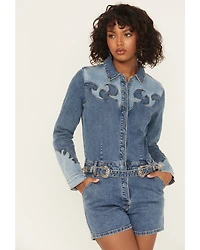 Rock & Roll Denim Women's Medium Wash Long Sleeve Snap Stretch Romper