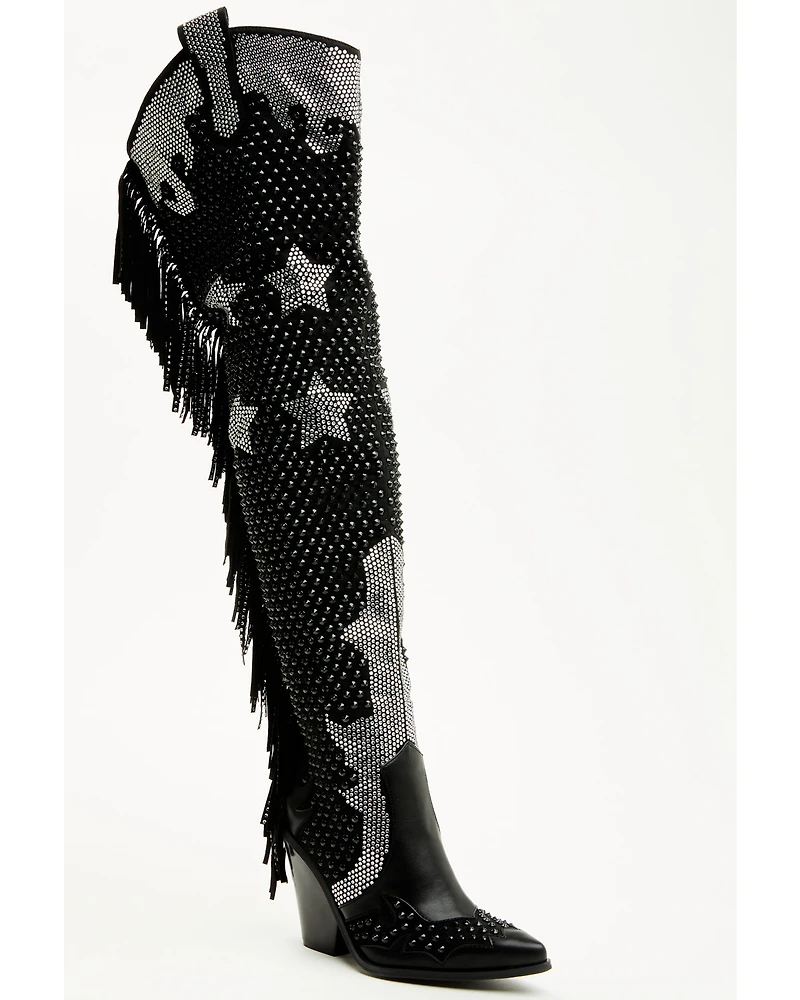 Azalea Wang Women's Nella Over The Knee Embellished Fringe Tall Fashion Boots - Snip Toe