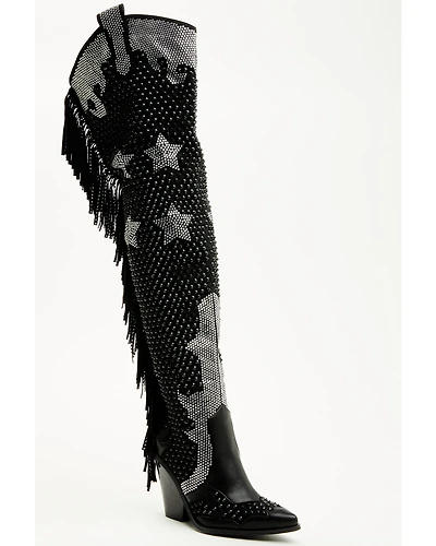 Azalea Wang Women's Nella Over The Knee Embellished Fringe Tall Fashion Boots - Snip Toe