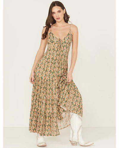 Rock & Roll Denim Women's Cactus Print Sleeveless Maxi Dress