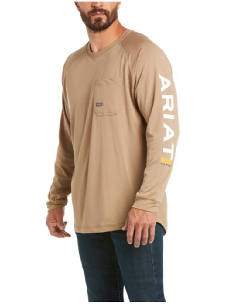 Ariat Men's Khaki Rebar Heat Fighter Long Sleeve Work Pocket T-Shirt - Big