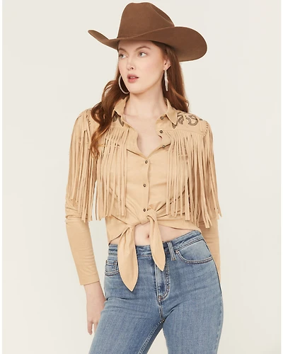 Idyllwind Women's McKinney Faux Suede Long Sleeve Fringe Top