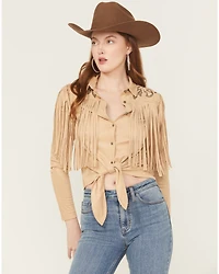 Idyllwind Women's McKinney Faux Suede Long Sleeve Fringe Top