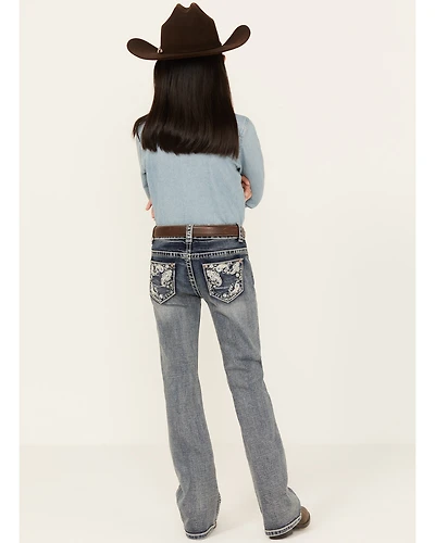 Shyanne Girls' Medium Wash Faded Paisley Pocket Stretch Bootcut Jeans