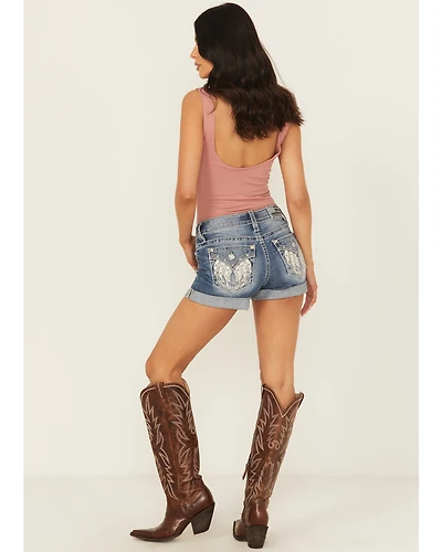 Miss Me Women's Medium Wash Mid Rise Rolled Hem Denim Shorts