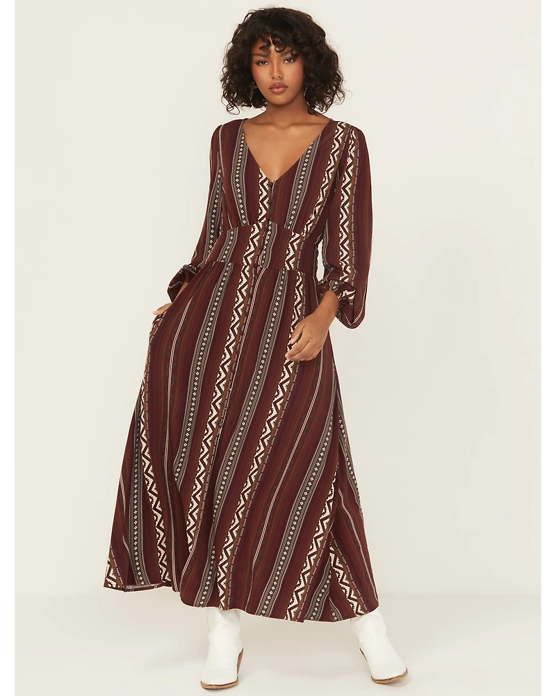 Wrangler Retro Women's Southwestern Striped Print Long Sleeve Button-Down Maxi Dress