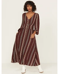 Wrangler Retro Women's Southwestern Striped Print Long Sleeve Button-Down Maxi Dress