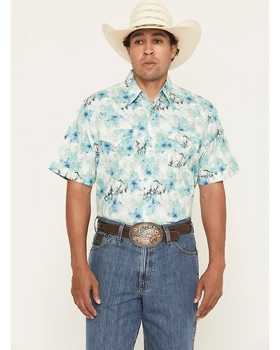 Ely Walker Men's Hawaiian Horse Print Short Sleeve Snap Western Shirt