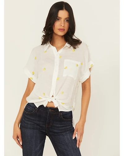 June & Hudson Women's Lemon Embroidered Short Sleeve Tie-Front Top