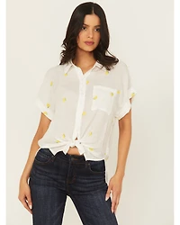 June & Hudson Women's Lemon Embroidered Short Sleeve Tie-Front Top
