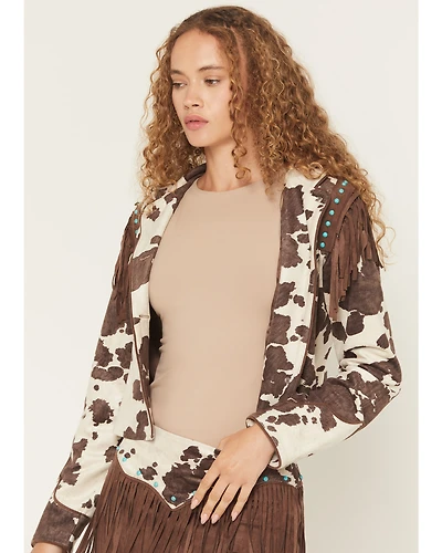 Shyanne Women's Porter Cow Print Faux Suede Embellished Fringe Moto Jacket