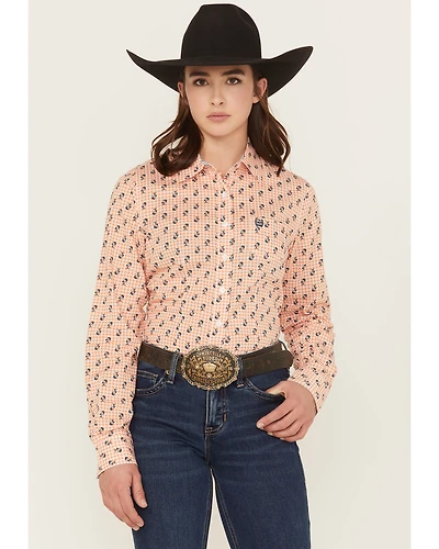 Cinch Women's Plaid Print Palm Tree Long Sleeve Button-Down Stretch Western Shirt
