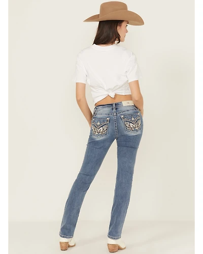 Miss Me Women's Medium Wash Wing Embroidered 32" Bootcut Stretch Jeans
