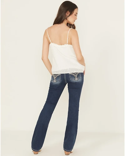 Miss Me Women's Dark Wash Mid Rise Embroidered Pocket 32" Bootcut Stretch Denim Jeans