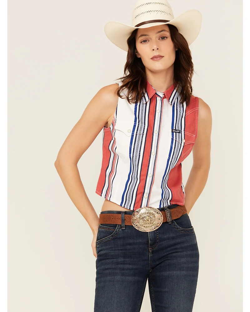 Wrangler Retro Women's Striped Print Sleeveless Snap Cropped Western Shirt
