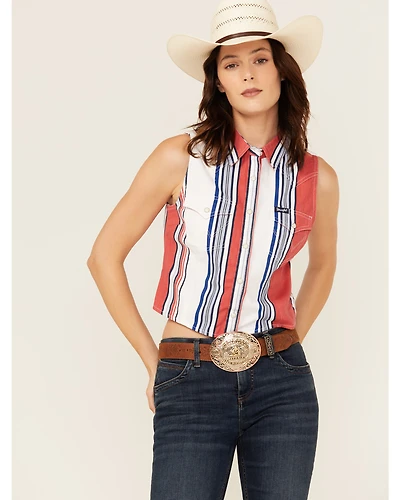 Wrangler Retro Women's Striped Print Sleeveless Snap Cropped Western Shirt