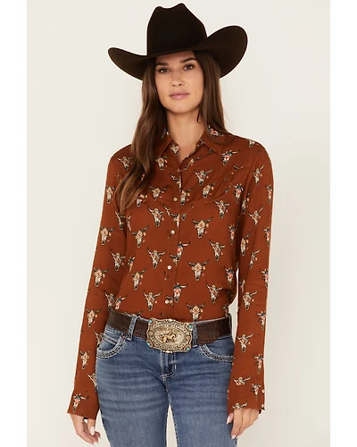 Roper Women's Steer Head Skull Print Long Sleeve Pearl Snap Western Shirt