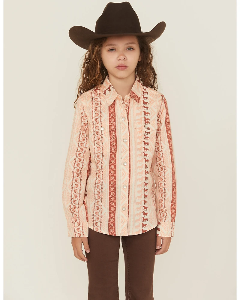 Wrangler Girls' Horse Striped Print Long Sleeve Snap Western Shirt
