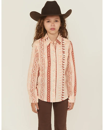 Wrangler Girls' Horse Striped Print Long Sleeve Snap Western Shirt