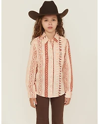 Wrangler Girls' Horse Striped Print Long Sleeve Snap Western Shirt