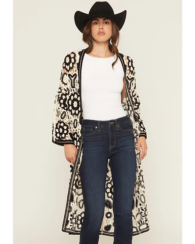 POL Women's Floral Crochet Long Sleeve Kimono