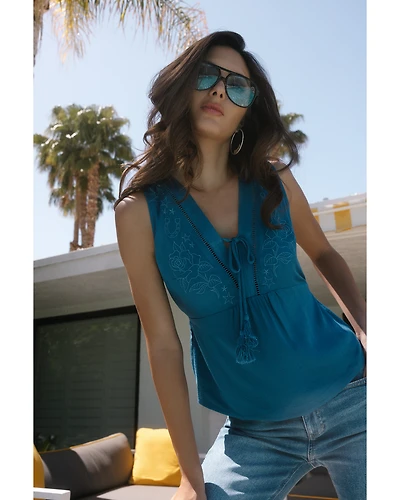 Idyllwind Women's Cedar Embroidered Tie-Front Sleeveless Top