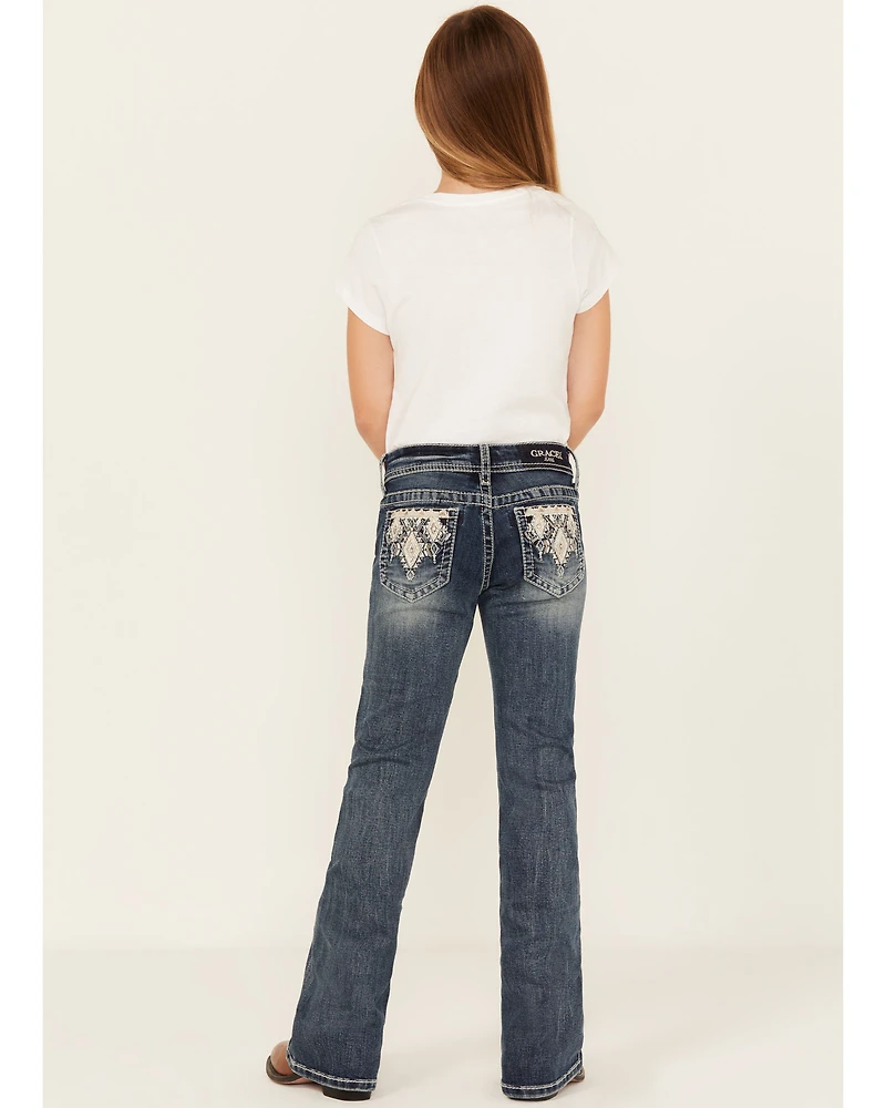 Grace LA Girls' Chevron Embroidered Medium Wash Bootcut Stretch Denim Jeans