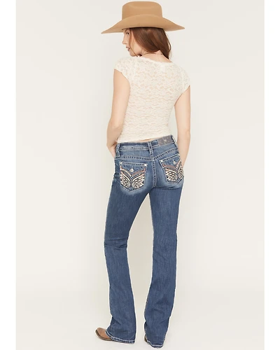 Miss Me Women's Medium Wash Mid Rise Wing Pocket 34" Bootcut Stretch Denim Jeans