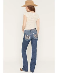Miss Me Women's Medium Wash Mid Rise Wing Pocket 34" Bootcut Stretch Denim Jeans