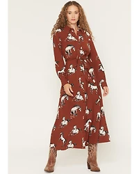 Cotton & Rye Women's Boot Barn Exclusive Horse Print Waist Tie Midi Dress