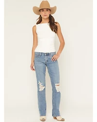 Rock & Roll Denim Women's Medium Wash High Rise Distressed Modest Bootcut Stretch Jeans