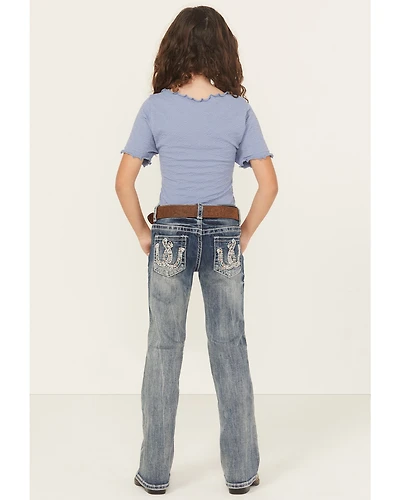 Grace LA Little Girls' Light Wash Double Horseshoe Pocket Bootcut Stretch Denim Jeans