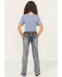 Grace LA Little Girls' Light Wash Double Horseshoe Pocket Bootcut Stretch Denim Jeans